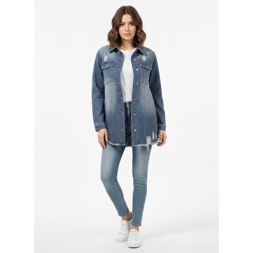 Blue Distressed Frayed Hem Long Denim Jacket Womens XL Long Sleeve Button Up